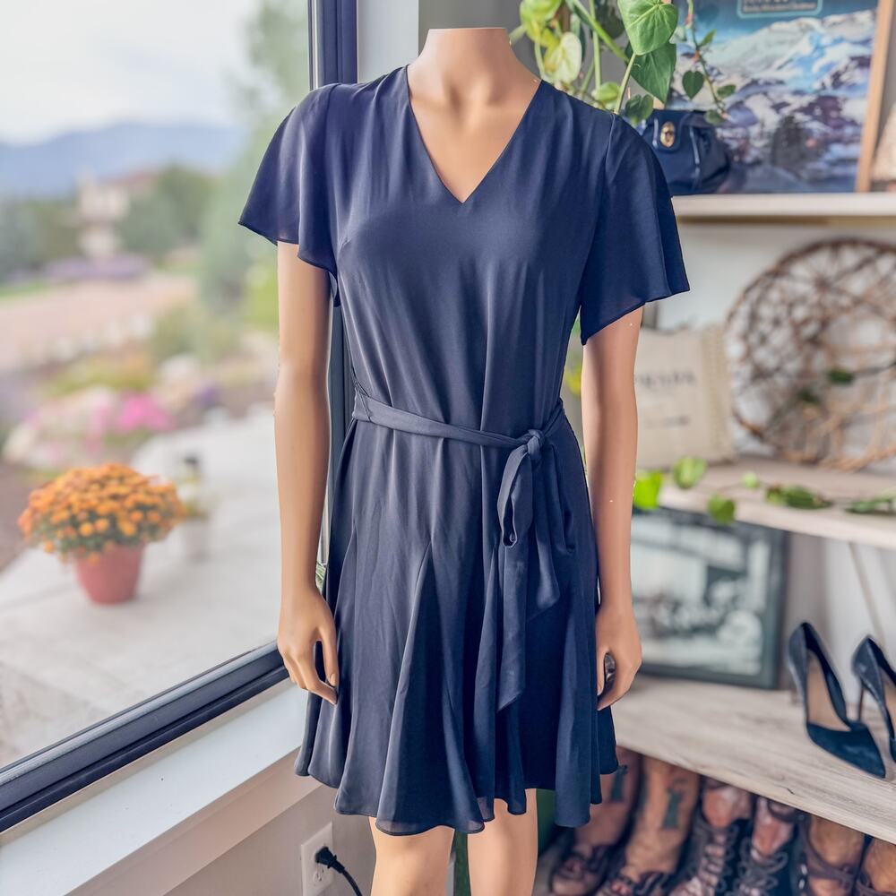 White House Black Market Soft Black Flutter Sleeve V-Neck Midi Dress, Women's 2